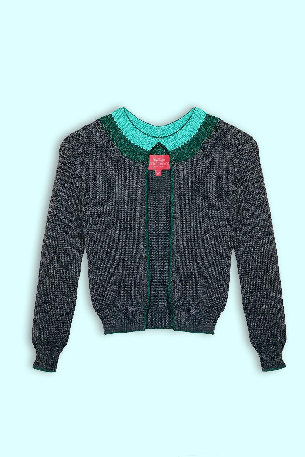 Produktbild Strickjacke in grau mit mint abgesetztem Schmuckrand von FederRock